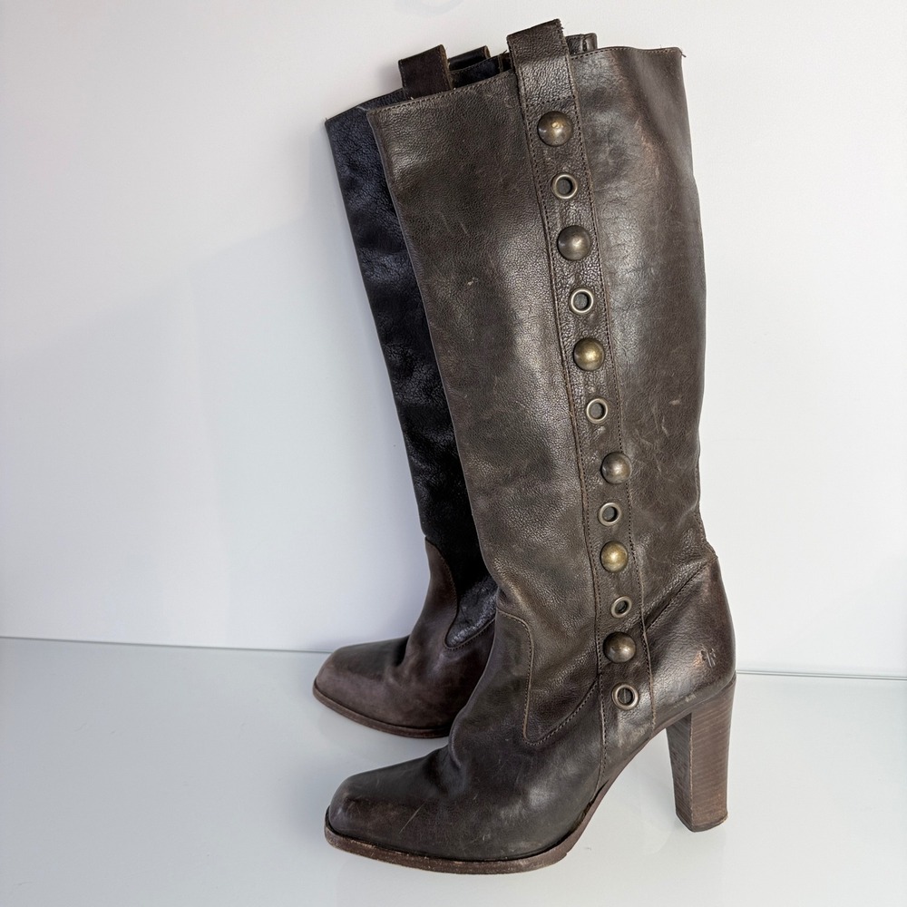 Frye Piper Stud Pull-On Boots Womens 9 Brown Leather Square Toe Block Heel Italy